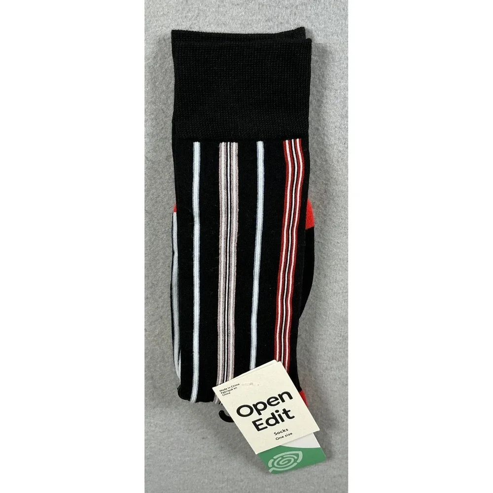 Open Edit Crew Socks Black‎ Red White Striped One Size NWT Casual Dress Socks